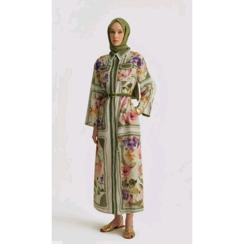 Armine Elbise Button Up Maxi Dress Women's 12 Floral Pockets Belted